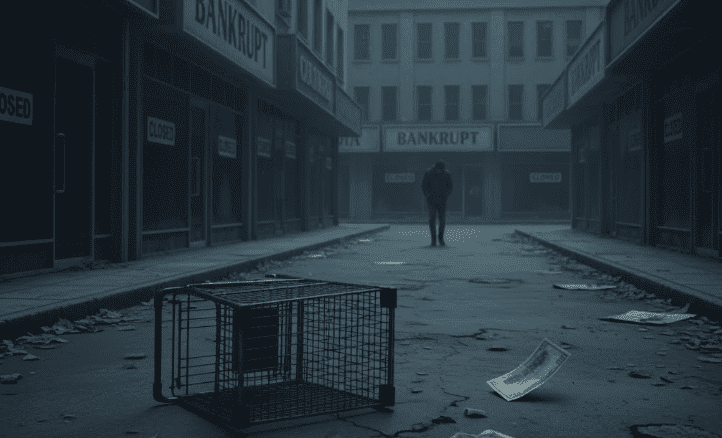 Άδειο καλάθι με σκουπίδια σε άδειο δρόμο με καταστήματα κλειστά και οικονομική κρίση.