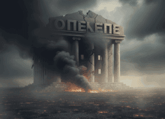 Η ΚΥΚΛΙΚΗ ΔΗΜΟΚΡΑΤΙΑ ΚΑΤΑΓΓΕΛΛΕΙ ΤΟΝ ΘΕΣΜΙΚΟ ΚΑΤΗΦΟΡΟ ΤΗΣ ΚΥΒΕΡΝΗΣΗΣ ΓΙΑ ΤΟ ΣΚΑΝΔΑΛΟ ΤΟΥ ΟΠΕΚΕΠΕ Άποψη του αναστυλωμένου κτηρίου "ΟΠΕΝΕ" με καταστροφή και καπνό, symbol της κυκλικής δημοκρατίας.