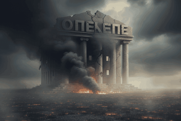 ΚυκλικήΔημοκρατία. Άποψη του αναστυλωμένου κτηρίου "ΟΠΕΝΕ" με καταστροφή και καπνό, symbol της κυκλικής δημοκρατίας.