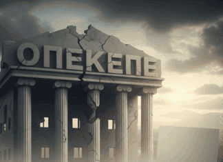 «ΟΠΕΚΕΠΕ: Γαλάζιο Σκάνδαλο και Εξεταστική-Σόου. Απαιτούμε Άμεση Δικαιοσύνη και Ανατροπή της Κάλυψης!» Εικόνα με ερειπωμένη αρχαία ελληνική τριμερής, συμβολισμός δημοκρατίας και ανακύκλωσης εξουσίας.