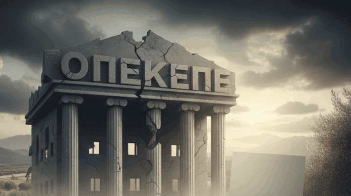 Κυκλική Δημοκρατία. Εικόνα με ερειπωμένη αρχαία ελληνική τριμερής, συμβολισμός δημοκρατίας και ανακύκλωσης εξουσίας.