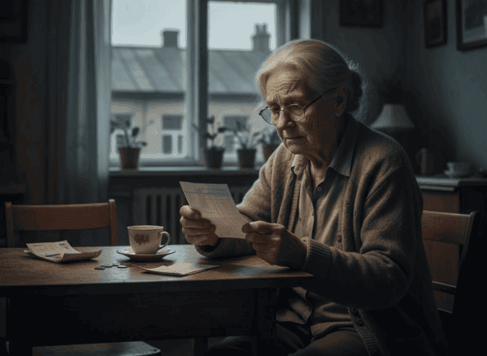Τίτλος: Κυκλική Δημοκρατία. Alt Text: Γερόντισσα διαβάζει επιστολή σε εσωτερικό χώρο με φυσικό φωτισμό και καφέ.