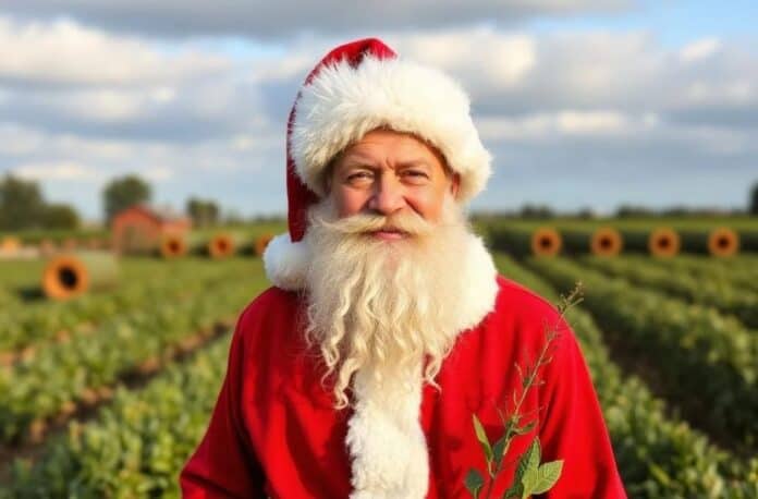 Άγιος Βασίλης με κόκκινο κοστούμι και πορτοκαλιές στο φόντο, festive εορταστικό πνεύμα.