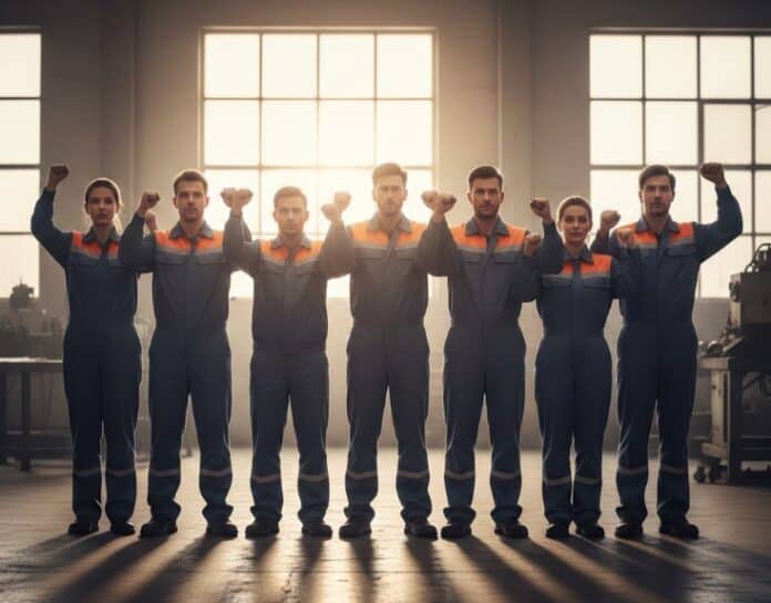 Εργαζόμενοι σε εργαστήριο, διαμαρτυρία για εργασιακά δικαιώματα Άνθρωποι σε εργασιακό περιβάλλον, διαμαρτυρία και ενότητα για τα εργασιακά δικαιώματα.