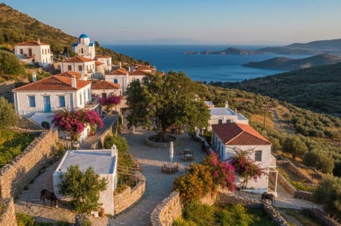 Κυκλική Δημοκρατία Θράκη Παραδοσιακό χωριό στη Θράκη με θέα στη θάλασσα και πράσινες πλαγιές.