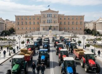 Η «ΚΥΚΛΙΚΗ ΔΗΜΟΚΡΑΤΙΑ» ΣΤΟ ΠΛΕΥΡΟ ΤΩΝ ΤΡΑΚΤΕΡ – Η ΠΟΛΙΤΙΚΗ ΒΟΥΛΗΣΗ ΔΕΝ ΑΓΟΡΑΖΕΤΑΙ ΜΕ ΨΙΧΟΥΛΑ Συγκέντρωση τρακτέρ μπροστά στη Βουλή, συμβολίζοντας την πολιτική βούληση.