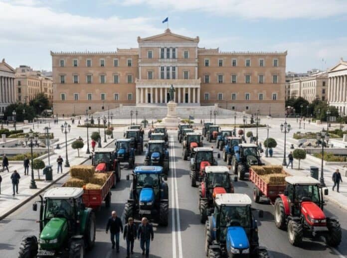 Συγκέντρωση τρακτέρ μπροστά στη Βουλή, συμβολίζοντας την πολιτική βούληση.