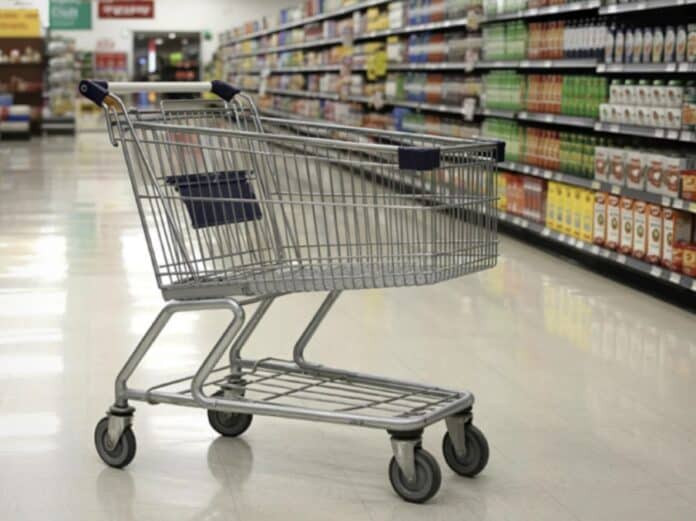 Καλάθι αγορών σε σούπερ μάρκετ, σύμβολο οικονομικής και κοινωνικής δημοκρατίας.